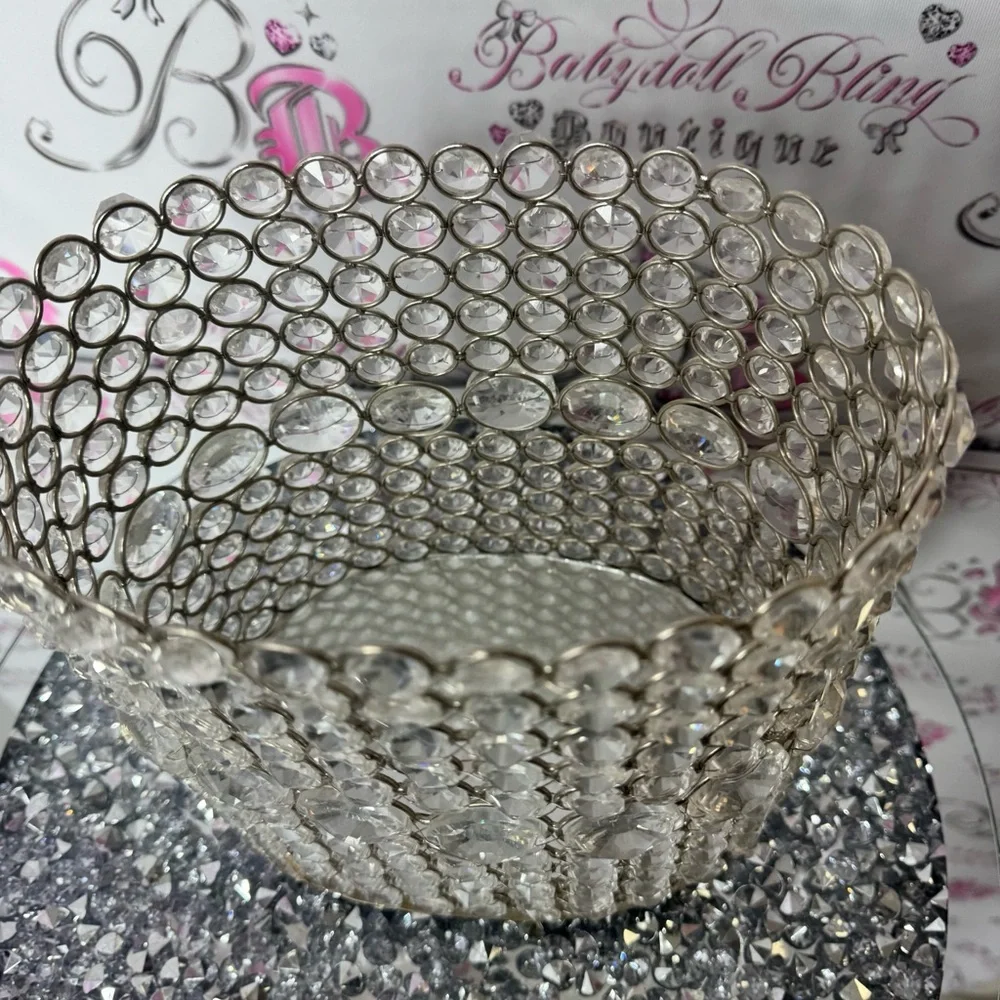 Crystal Embellished Silver Basket 🧺 bling rhinestone diamond storage basket